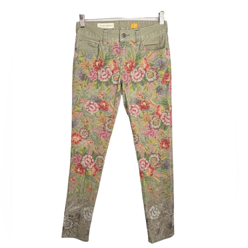 Anthropologie Pilcro Embroidered Floral Skinny Jeans Green Size 27